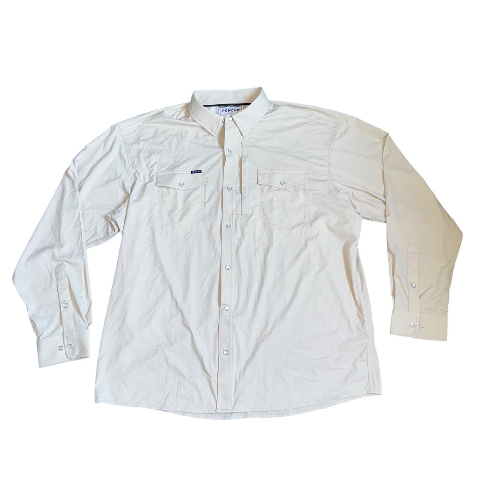 Poncho Outdoors Western Fishing Shirt Mens XL Beige Excellent Pearl Snap Stretch